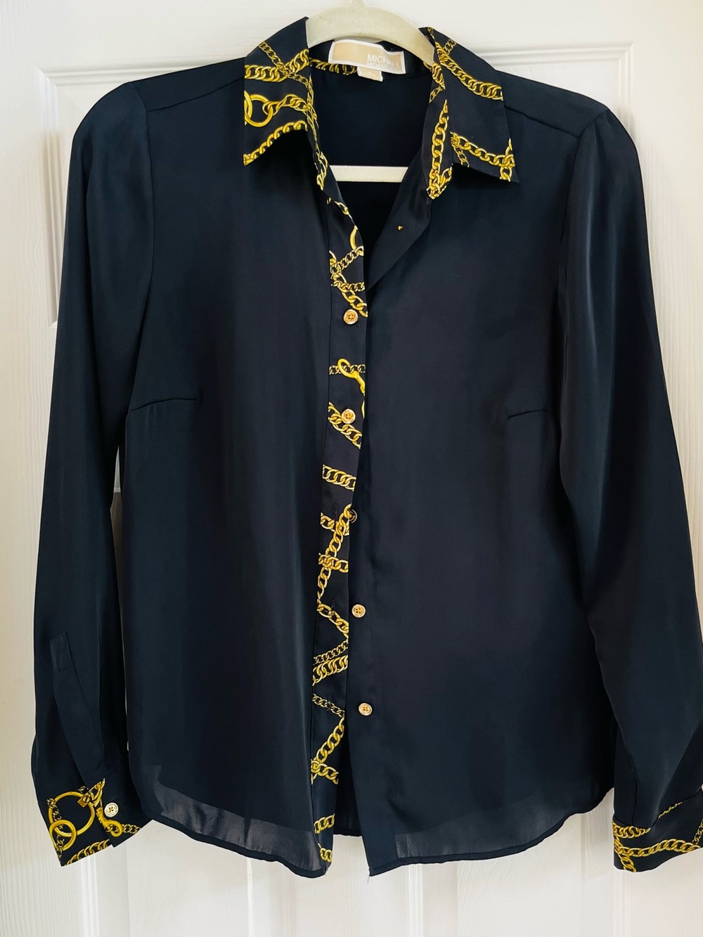 Michael Kors Navy Blue Shirt Jacket with Gold Chain Print